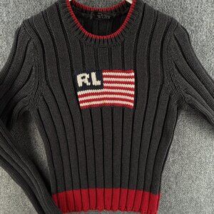 Polo Jeans Ralph Lauren Knit Flag Sweater Blue Red Large Cotton Pullover Crew